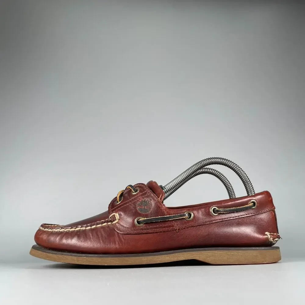 Men's 7.5 Women's 9 Timberland Classic Brown Leather 2 Eye Boat Shoe Loafers GUC